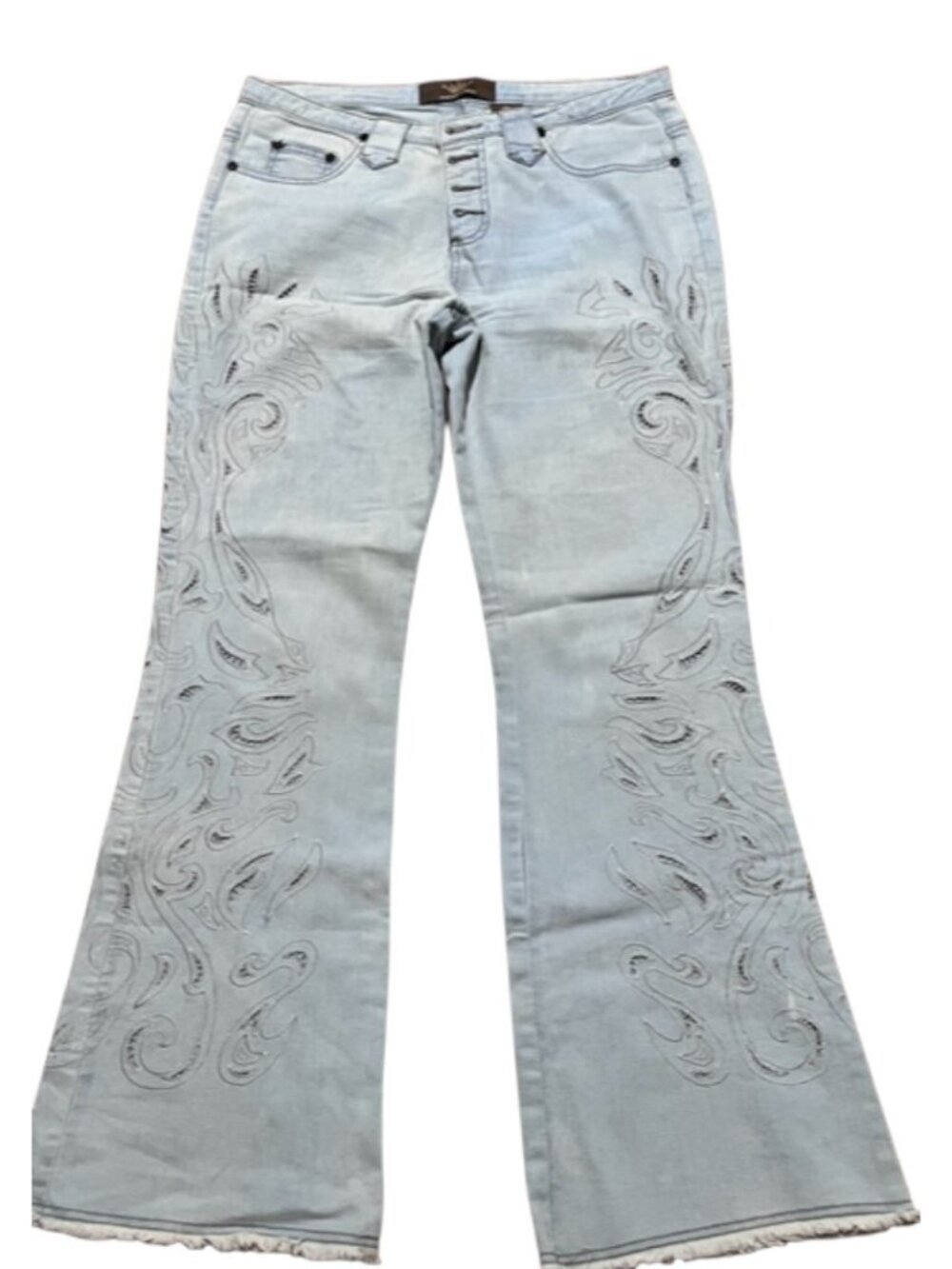 Duchesse Light Wash Distressed Bootcut Flare Stretch Jeans Floral Eyelet Size 11 - Picture 2 of 9